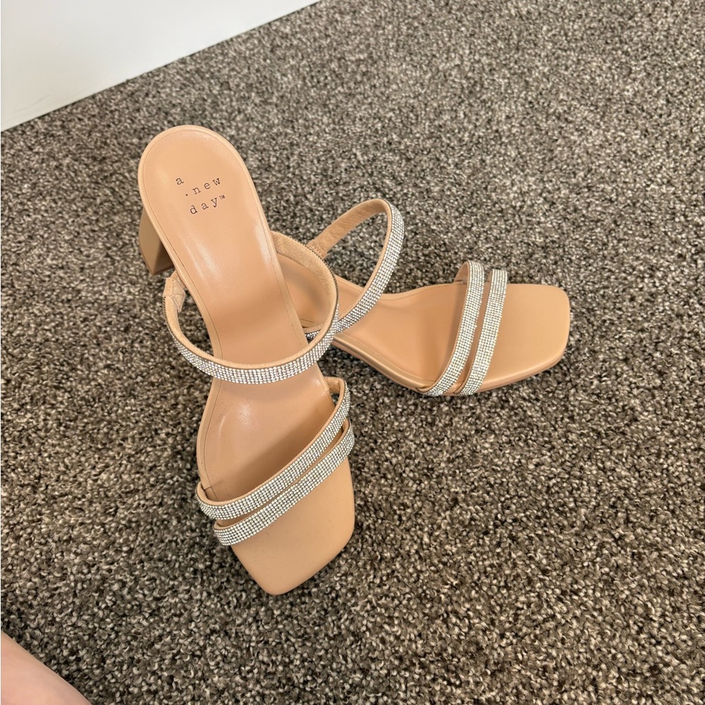 A New Day Beige Heeled Sandals with Silver Accents